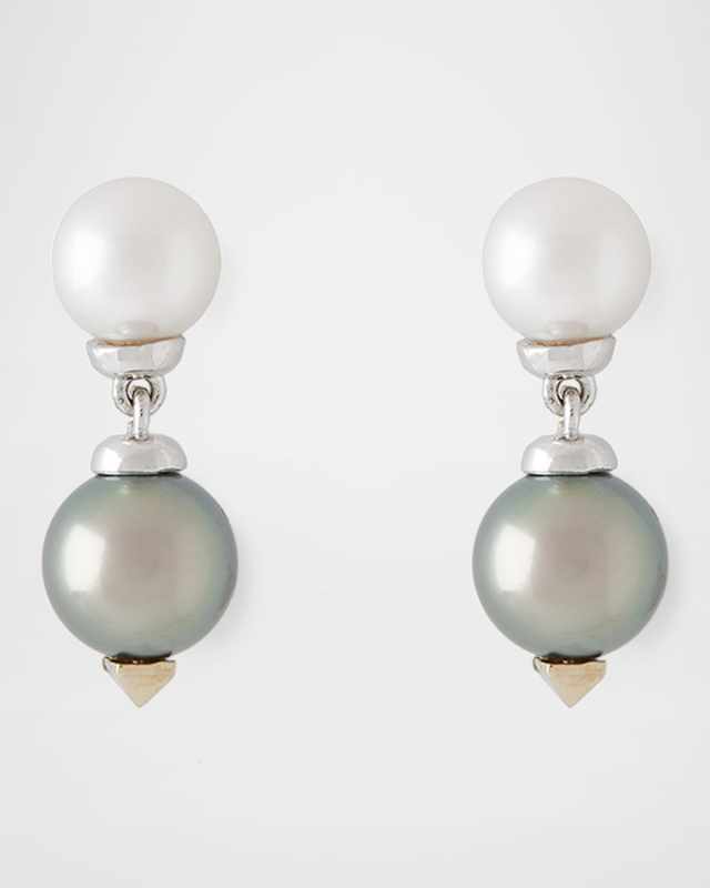 18K White Gold 9mm Gray Tahitian Pearl and 8mm Akoya Pearl Drop Earrings